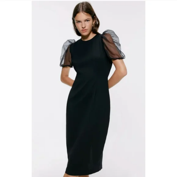 Zara | Dresses | Nwot Puff Sleeve Organza Zara Black Dress | Poshmark